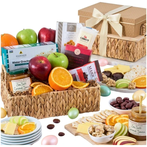 Easter Fruit Basket of Fresh Fruits, Cheese, Caramel Sauce and Chocolate by GourmetGiftBaskets.com