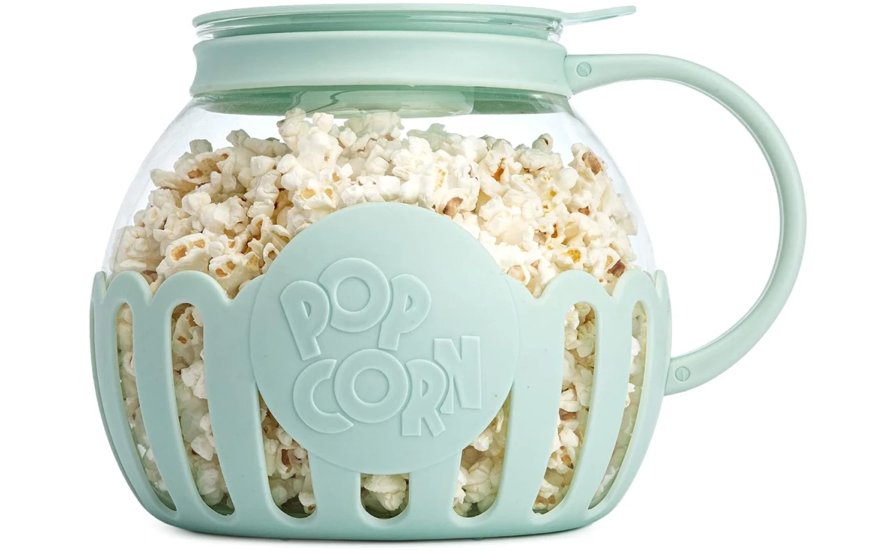 Ecolution Patented Micro-Pop Microwave Popcorn Popper with Temperature Safe Glass, 3-in-1 Lid Measures Kernels and Melts Butter, Made Without BPA, Dishwasher Safe, 3-Quart, Aqua