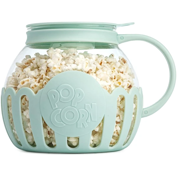 Ecolution Patented Micro-Pop Microwave Popcorn Popper with Temperature Safe Glass, 3-in-1 Lid Measures Kernels and Melts Butter, Made Without BPA, Dishwasher Safe, 3-Quart, Aqua