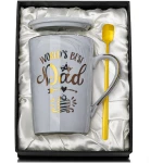 Fathers Day Gift for Dad from Daughter Son, Worlds Best Dad Mug - 14Oz Grey Marble Coffee Mug with Gold Print, Funny Birthday Gifts from Kids, Ceramic Cup with Lid Spoon...
