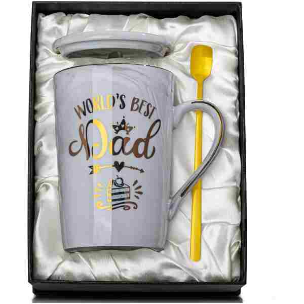 Fathers Day Gift for Dad from Daughter Son, Worlds Best Dad Mug - 14Oz Grey Marble Coffee Mug with Gold Print, Funny Birthday Gifts from Kids, Ceramic Cup with Lid Spoon...