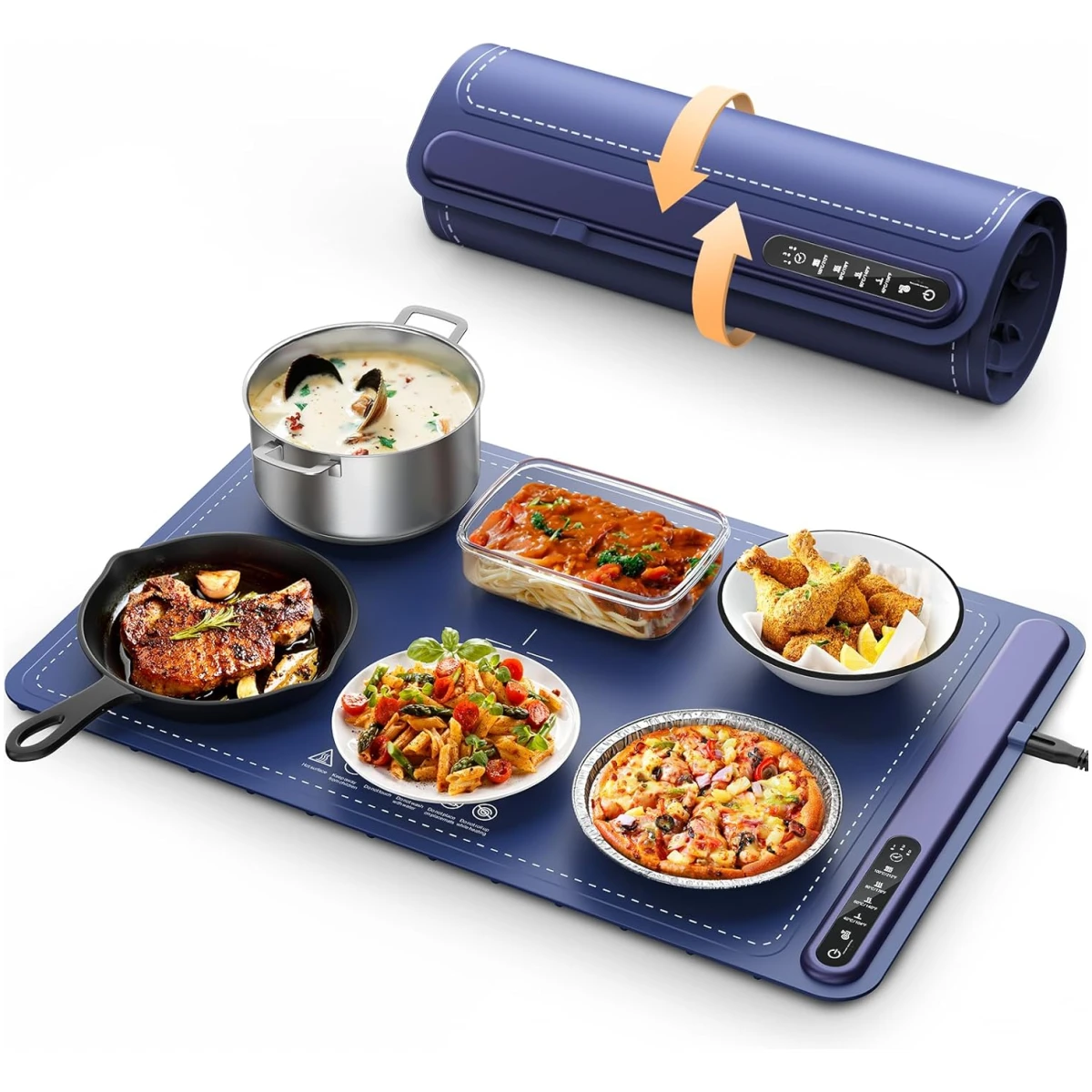 Food Warming Mat - Fast Heating Silicone Electric Warming Tray with 4 Level Temperature, Raised Feet Protects Table, Roll Up Buffet Hot Plates Heat Pad, Portable Food Warmer for...
