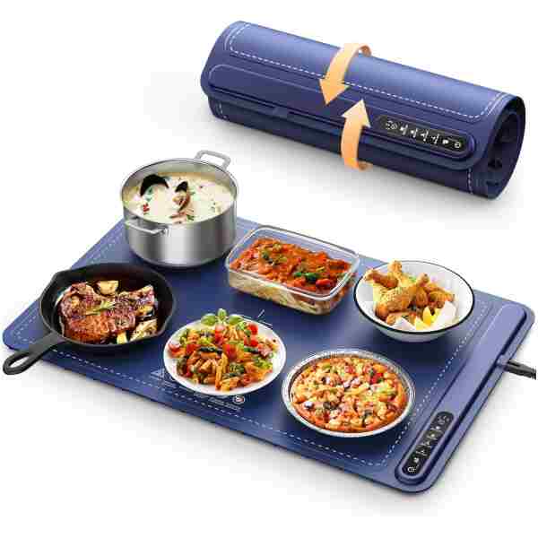 Food Warming Mat - Fast Heating Silicone Electric Warming Tray with 4 Level Temperature, Raised Feet Protects Table, Roll Up Buffet Hot Plates Heat Pad, Portable Food Warmer for...