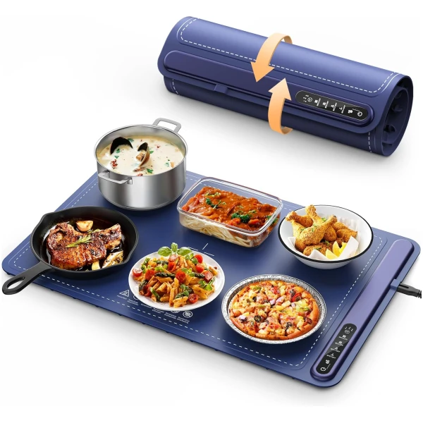 Food Warming Mat - Fast Heating Silicone Electric Warming Tray with 4 Level Temperature, Raised Feet Protects Table, Roll Up Buffet Hot Plates Heat Pad, Portable Food Warmer for...
