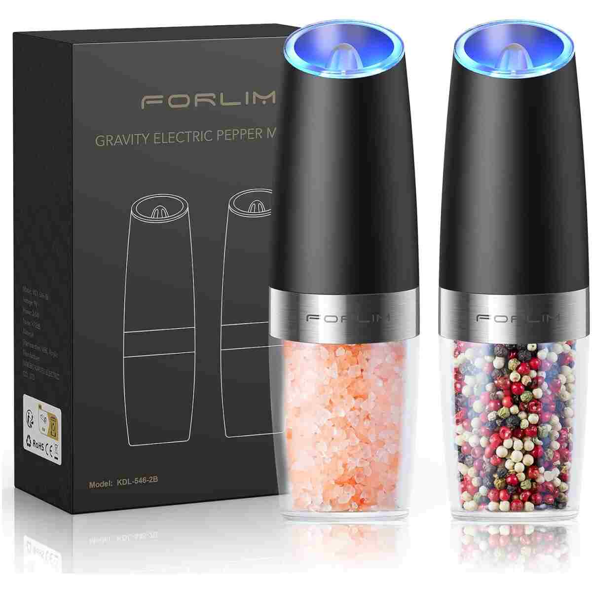 FORLIM Gravity Electric Salt and Pepper Grinder Set, Automatic Pepper Mill Grinder, Battery Powered Adjustable Coarseness with LED Light, One Hand Operation Premium Kitchen...