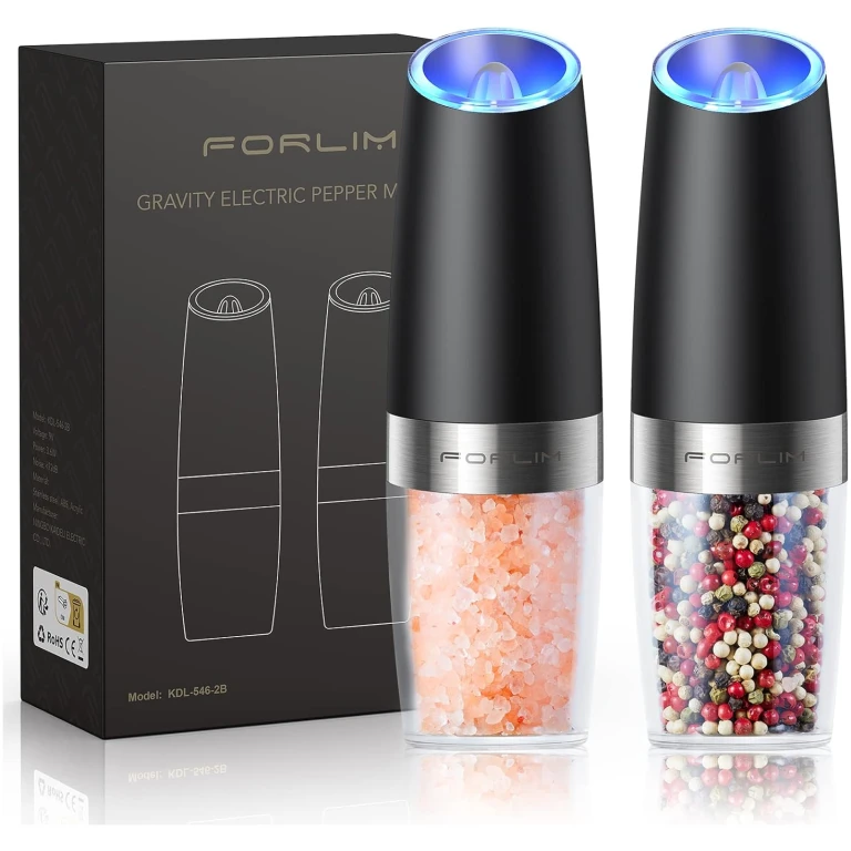 FORLIM Gravity Electric Salt and Pepper Grinder Set, Automatic Pepper Mill Grinder, Battery Powered Adjustable Coarseness with LED Light, One Hand Operation Premium Kitchen...