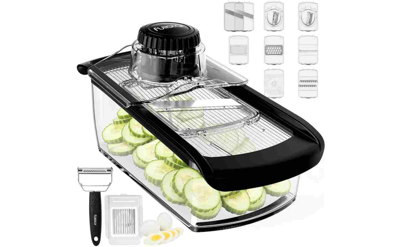 Fullstar Mandoline Slicer for Kitchen, Fruit Cutter, Cheese Grater, Cucumber Slicer, Veggie Spiralizer, Food Cutter & Kitchen Gadgets with Safety Glove (11 in 1, Clear)