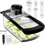 Fullstar Mandoline Slicer for Kitchen, Fruit Cutter, Cheese Grater, Cucumber Slicer, Veggie Spiralizer, Food Cutter & Kitchen Gadgets with Safety Glove (11 in 1, Clear)