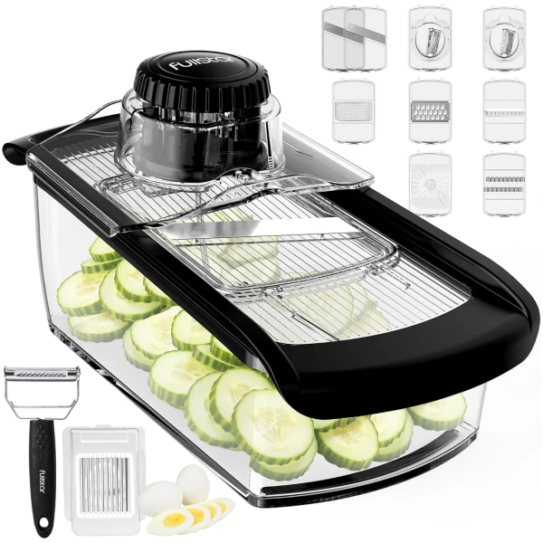 Fullstar Mandoline Slicer for Kitchen, Fruit Cutter, Cheese Grater, Cucumber Slicer, Veggie Spiralizer, Food Cutter & Kitchen Gadgets with Safety Glove (11 in 1, Clear)