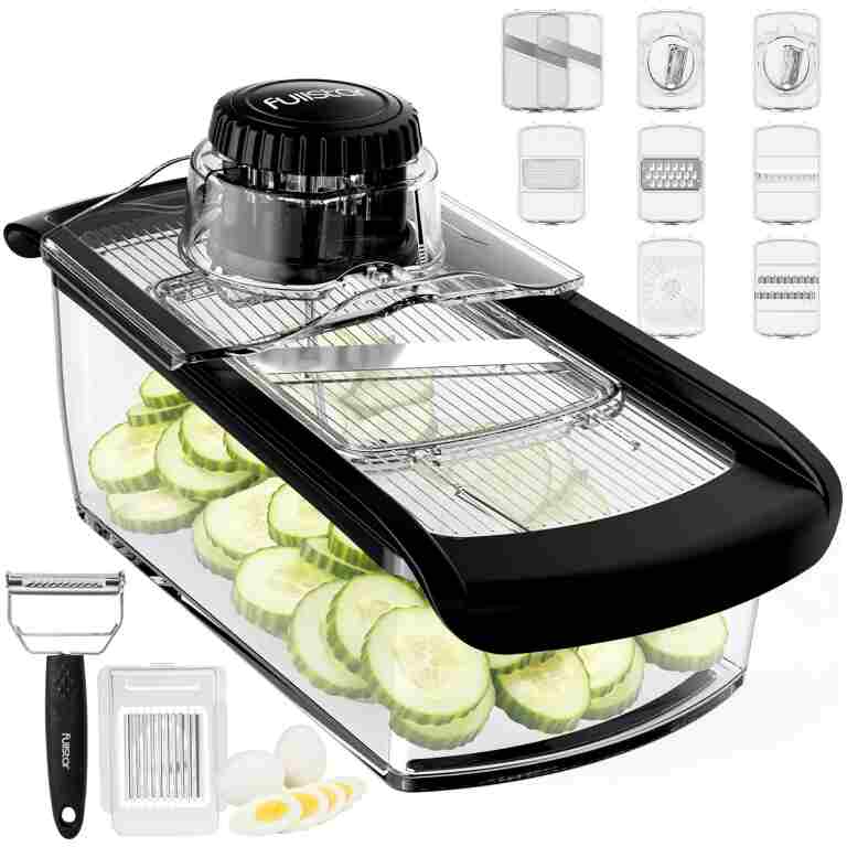 Fullstar Mandoline Slicer for Kitchen, Fruit Cutter, Cheese Grater, Cucumber Slicer, Veggie Spiralizer, Food Cutter & Kitchen Gadgets with Safety Glove (11 in 1, Clear)