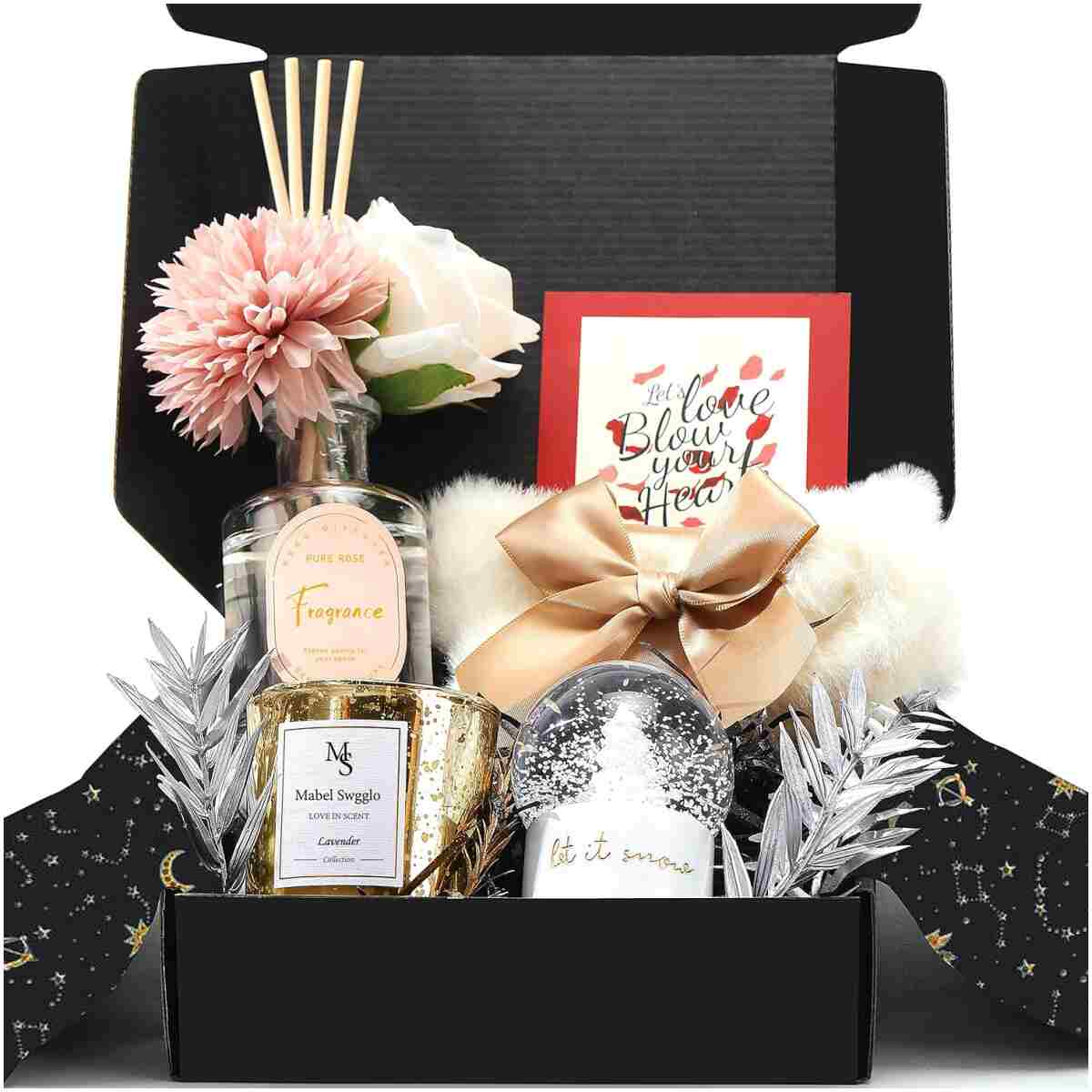Gifts for Women,Mothers Day Gifts for Mom,Includes Scented Candle Reed Diffuser Fuzzy Socks Snow Globe Decor Flowers Gift Wrap Boxes