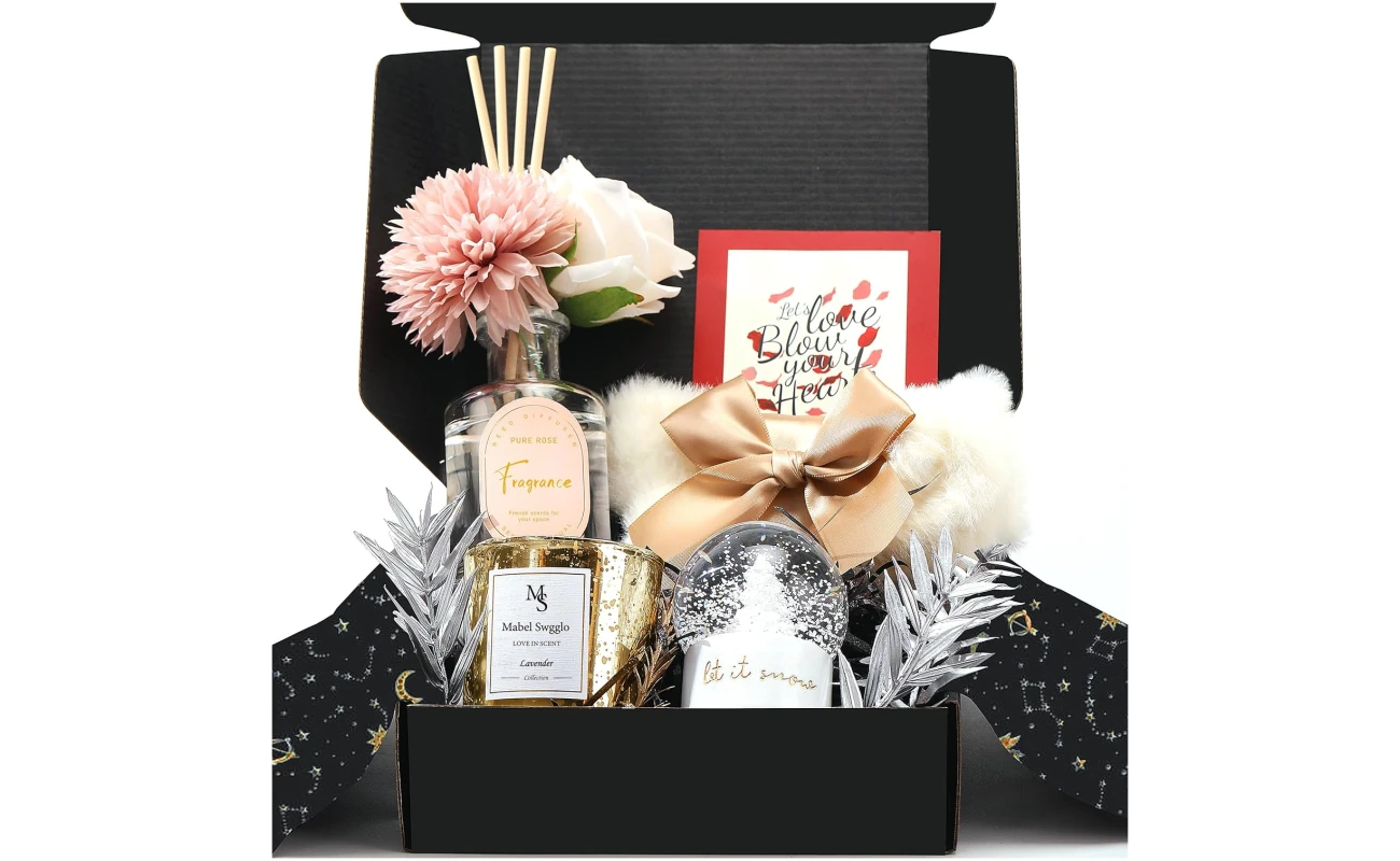 Gifts for Women,Mothers Day Gifts for Mom,Includes Scented Candle Reed Diffuser Fuzzy Socks Snow Globe Decor Flowers Gift Wrap Boxes