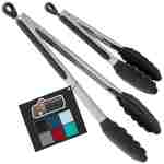 GORILLA GRIP Stainless Steel Heat Resistant Kitchen Tongs for Cooking, 9 + 12 Inch, Set of 2 BBQ Tong, Non Scratch Silicone Tip for Pan, Strong Grip, Grab Food, Toss Salad, Air...