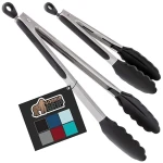 GORILLA GRIP Stainless Steel Heat Resistant Kitchen Tongs for Cooking, 9 + 12 Inch, Set of 2 BBQ Tong, Non Scratch Silicone Tip for Pan, Strong Grip, Grab Food, Toss Salad, Air...