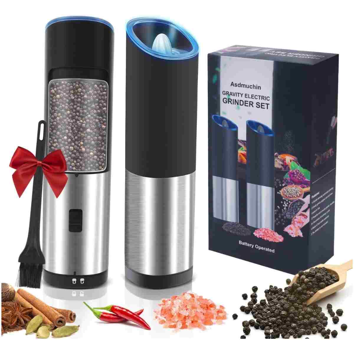 Gravity Electric Salt and Pepper Grinder Set with Adjustable Coarseness, Large Capacity, Stainless Steel, Portable, Not Easily Knocked Over, Kitchen Utensils Gadgets for Dining...
