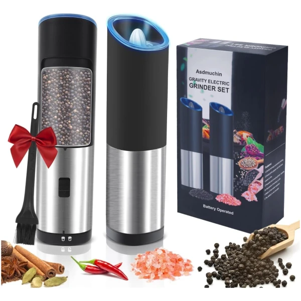 Gravity Electric Salt and Pepper Grinder Set with Adjustable Coarseness, Large Capacity, Stainless Steel, Portable, Not Easily Knocked Over, Kitchen Utensils Gadgets for Dining...