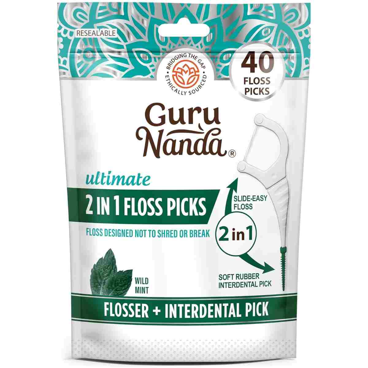 GuruNanda 2 in 1 Dental Floss Picks - Non-Slip Grip Handle, Slide Easy, No Break or Shred Flosser - Complete Oral Care with Interdental Pick for Healthy Teeth & Gums - Mint...