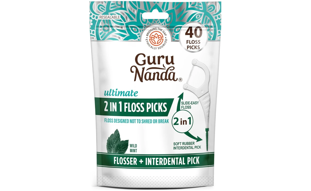GuruNanda 2 in 1 Dental Floss Picks - Non-Slip Grip Handle, Slide Easy, No Break or Shred Flosser - Complete Oral Care with Interdental Pick for Healthy Teeth & Gums - Mint...