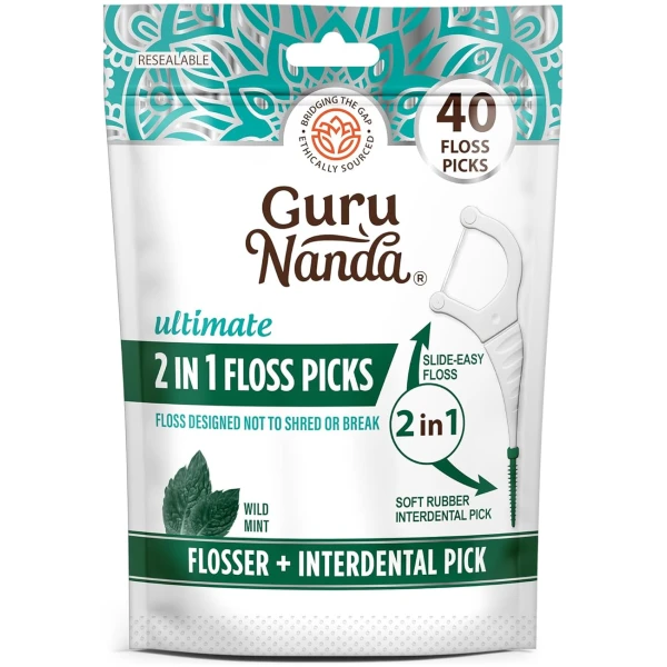 GuruNanda 2 in 1 Dental Floss Picks - Non-Slip Grip Handle, Slide Easy, No Break or Shred Flosser - Complete Oral Care with Interdental Pick for Healthy Teeth & Gums - Mint...