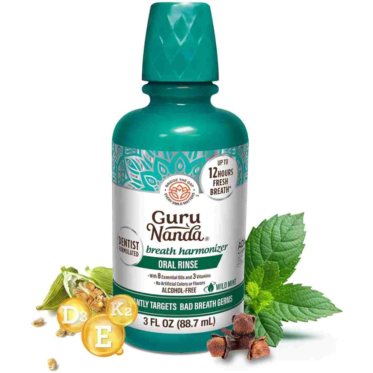 GuruNanda Fresh Breath Mouthwash, ADA-Accepted, Alcohol & Fluoride-Free, Sodium Chlorite, Essential Oils & Vitamins, 12-Hrs Fresh Breath, Wild Mint, 3 oz