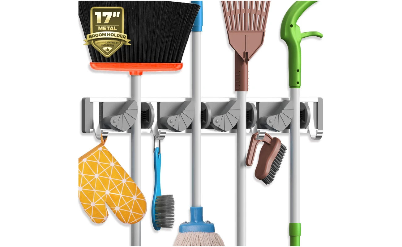 Holikme Mop Broom Holder Wall Mount Metal Pantry Organization and Storage Garden Kitchen Tool Organizer Wall Hanger for Home Goods (4 Positions with 4 Hooks, Silver)