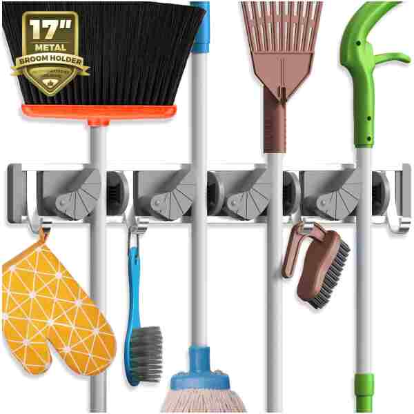 Holikme Mop Broom Holder Wall Mount Metal Pantry Organization and Storage Garden Kitchen Tool Organizer Wall Hanger for Home Goods (4 Positions with 4 Hooks, Silver)