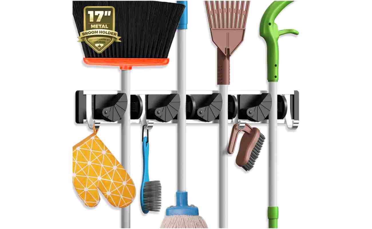 Holikme Mop Broom Holder Wall Mount Metal Pantry Organization and Storage Garden Kitchen Tool Organizer Wall Hanger for Home Goods (4 Positions with 4 Hooks, Black)