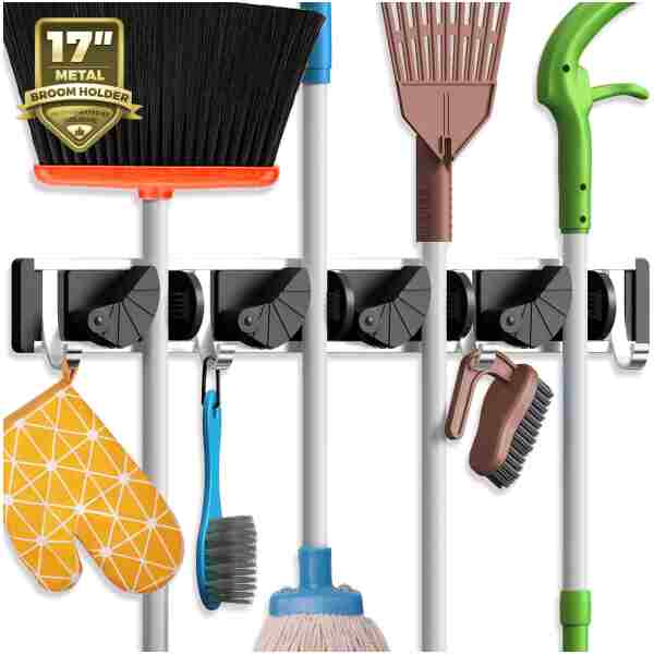 Holikme Mop Broom Holder Wall Mount Metal Pantry Organization and Storage Garden Kitchen Tool Organizer Wall Hanger for Home Goods (4 Positions with 4 Hooks, Black)