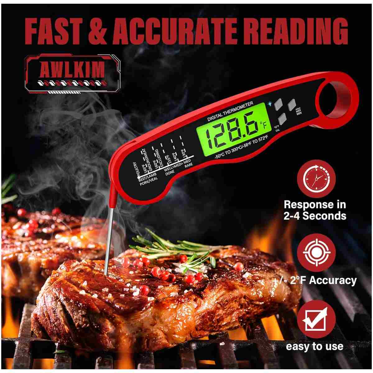 Instant Read Meat Thermometer for Grill and Cooking, Waterproof Fast Food Thermometer with Backlight, Digital Food Probe for Kitchen Cooking, Candy Making, Outside Grill - Red