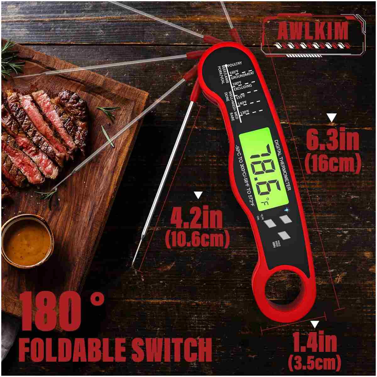 Instant Read Meat Thermometer for Grill and Cooking, Waterproof Fast Food Thermometer with Backlight, Digital Food Probe for Kitchen Cooking, Candy Making, Outside Grill - Red