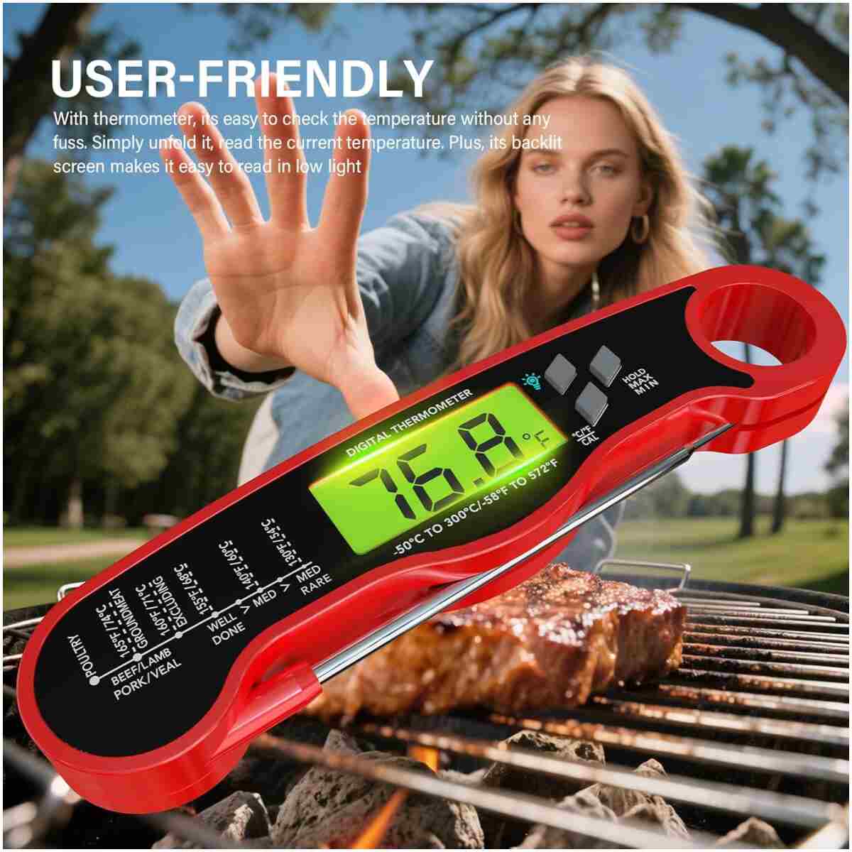 Instant Read Meat Thermometer for Grill and Cooking, Waterproof Fast Food Thermometer with Backlight, Digital Food Probe for Kitchen Cooking, Candy Making, Outside Grill - Red