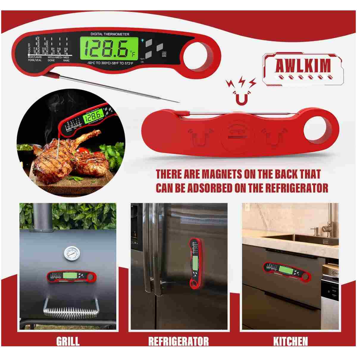 Instant Read Meat Thermometer for Grill and Cooking, Waterproof Fast Food Thermometer with Backlight, Digital Food Probe for Kitchen Cooking, Candy Making, Outside Grill - Red