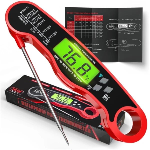 Instant Read Meat Thermometer for Grill and Cooking, Waterproof Fast Food Thermometer with Backlight, Digital Food Probe for Kitchen Cooking, Candy Making, Outside Grill - Red