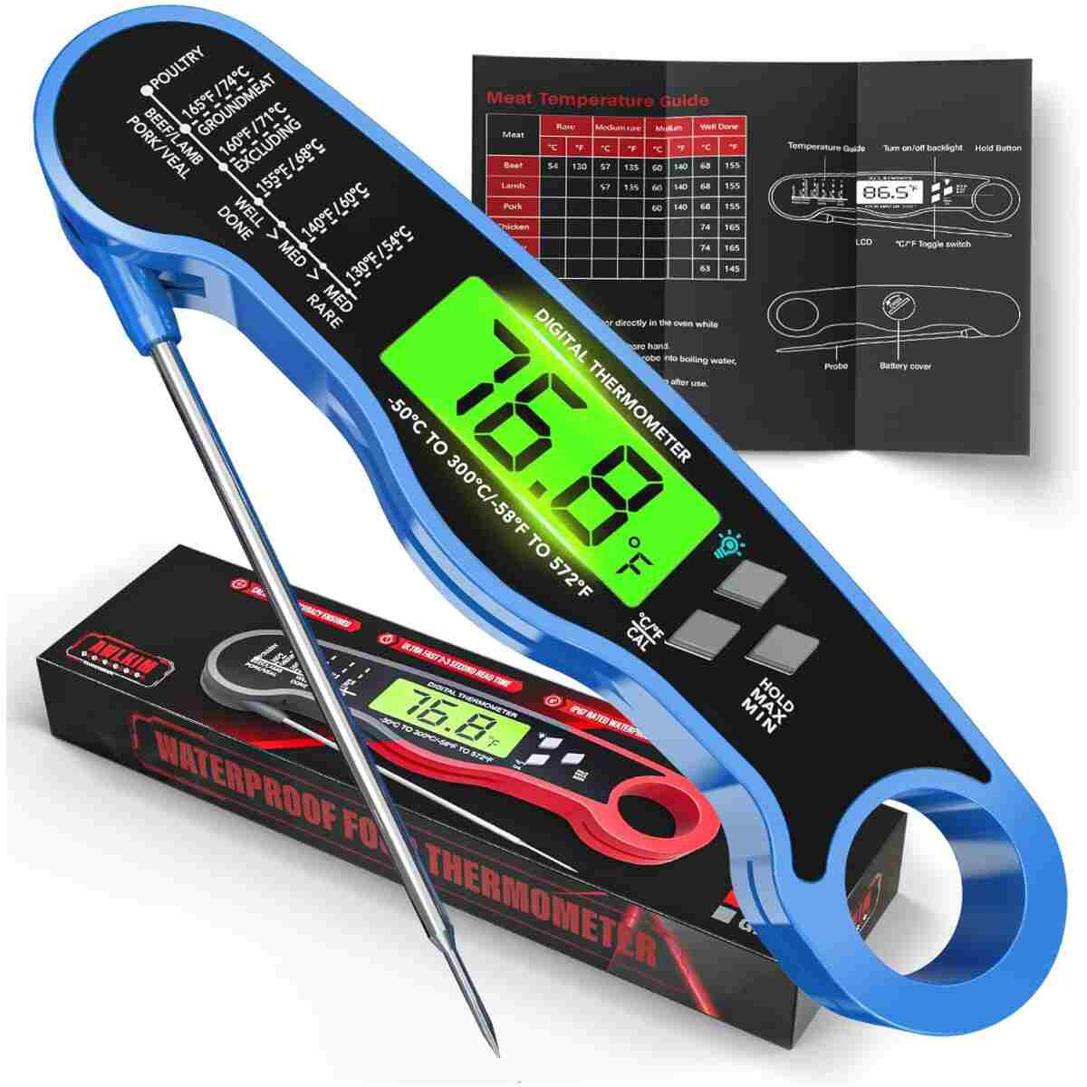 Instant Read Meat Thermometer for Grill and Cooking, Waterproof Fast Food Thermometer with Backlight, Digital Food Probe for Kitchen Cooking, Candy Making, Outside Grill - Red