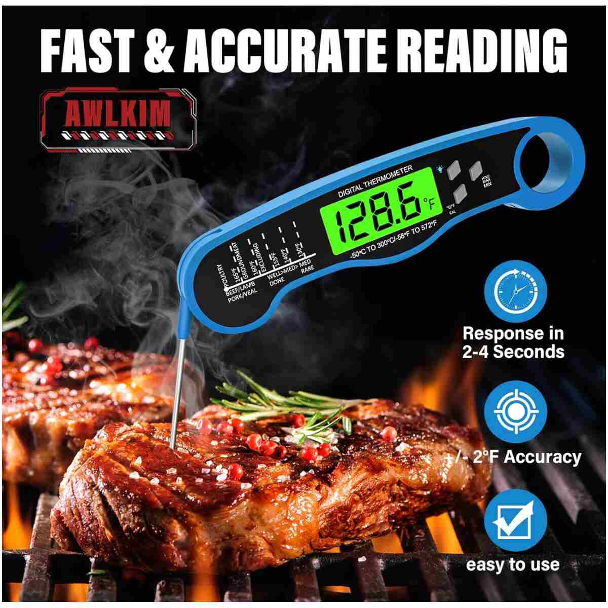 Instant Read Meat Thermometer for Grill and Cooking, Waterproof Fast Food Thermometer with Backlight, Digital Food Probe for Kitchen Cooking, Candy Making, Outside Grill - Red