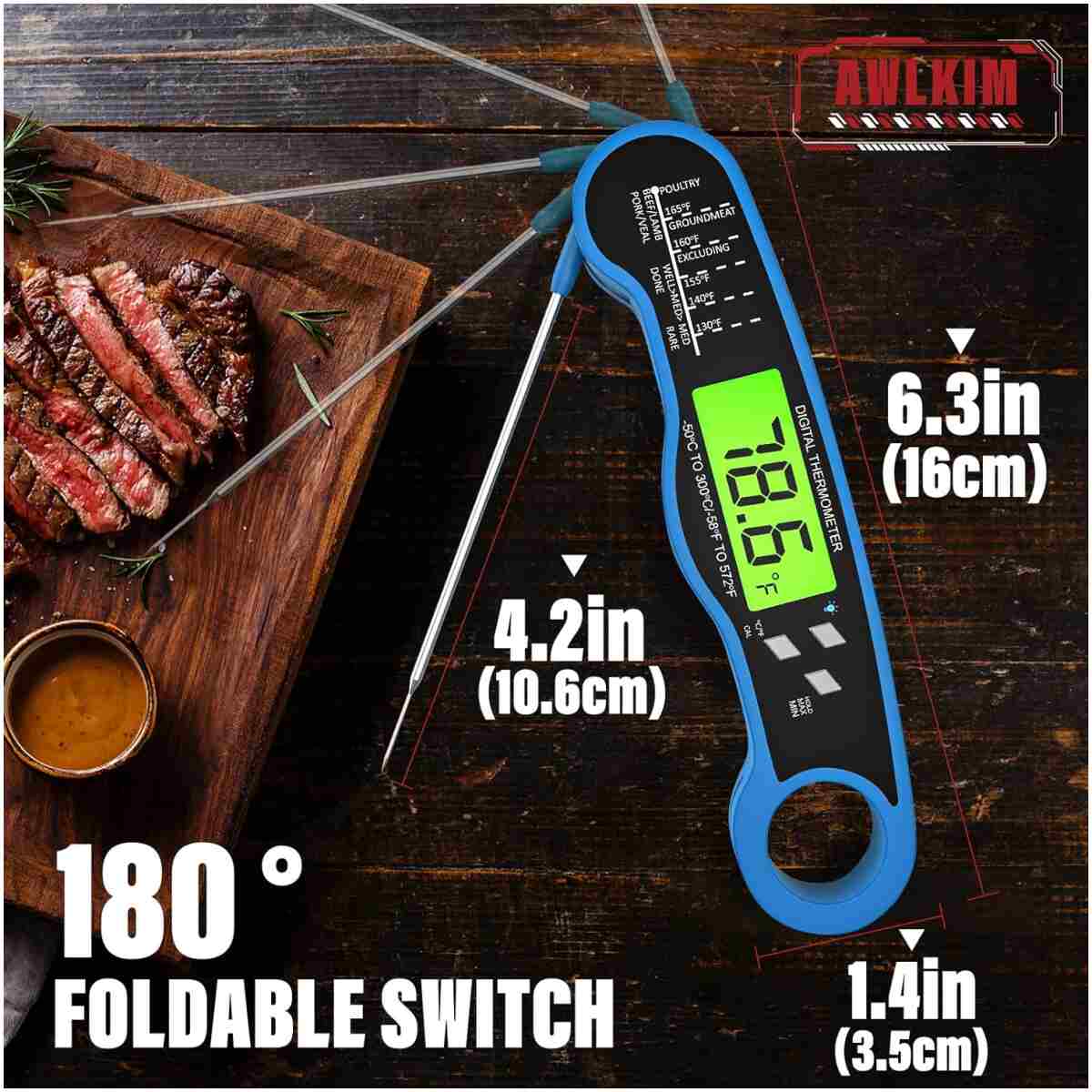 Instant Read Meat Thermometer for Grill and Cooking, Waterproof Fast Food Thermometer with Backlight, Digital Food Probe for Kitchen Cooking, Candy Making, Outside Grill - Red