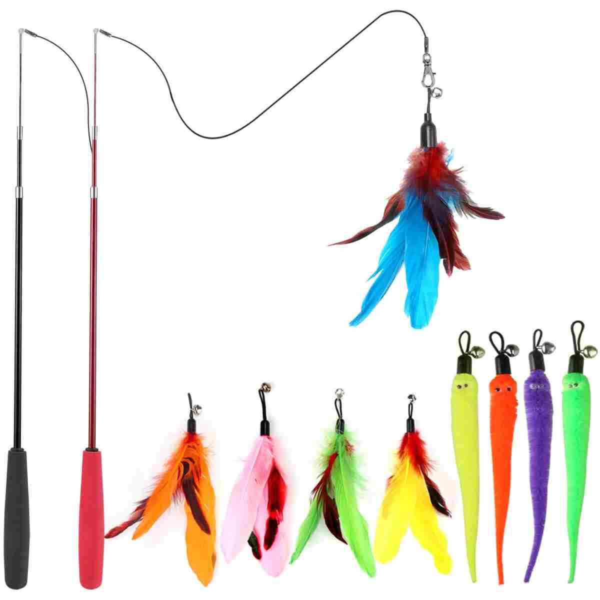 Interactive Cat Toys - Retractable Wand Toy and Feather Toys Refills for Indoor Cats to Chase and Exercise