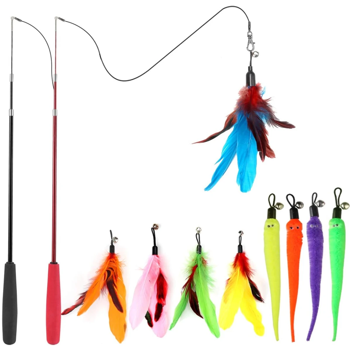 Interactive Cat Toys - Retractable Wand Toy and Feather Toys Refills for Indoor Cats to Chase and Exercise