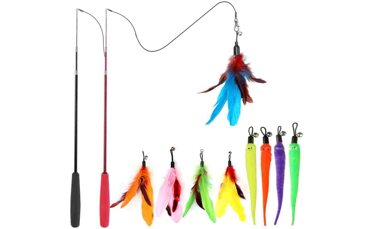 Interactive Cat Toys - Retractable Wand Toy and Feather Toys Refills for Indoor Cats to Chase and Exercise