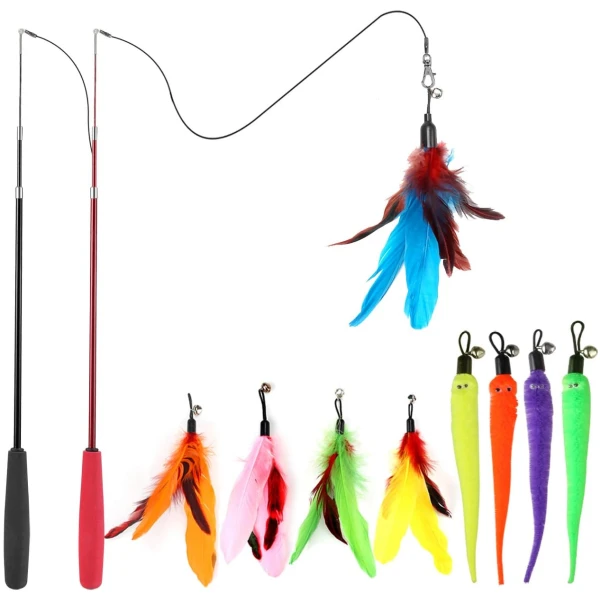 Interactive Cat Toys - Retractable Wand Toy and Feather Toys Refills for Indoor Cats to Chase and Exercise