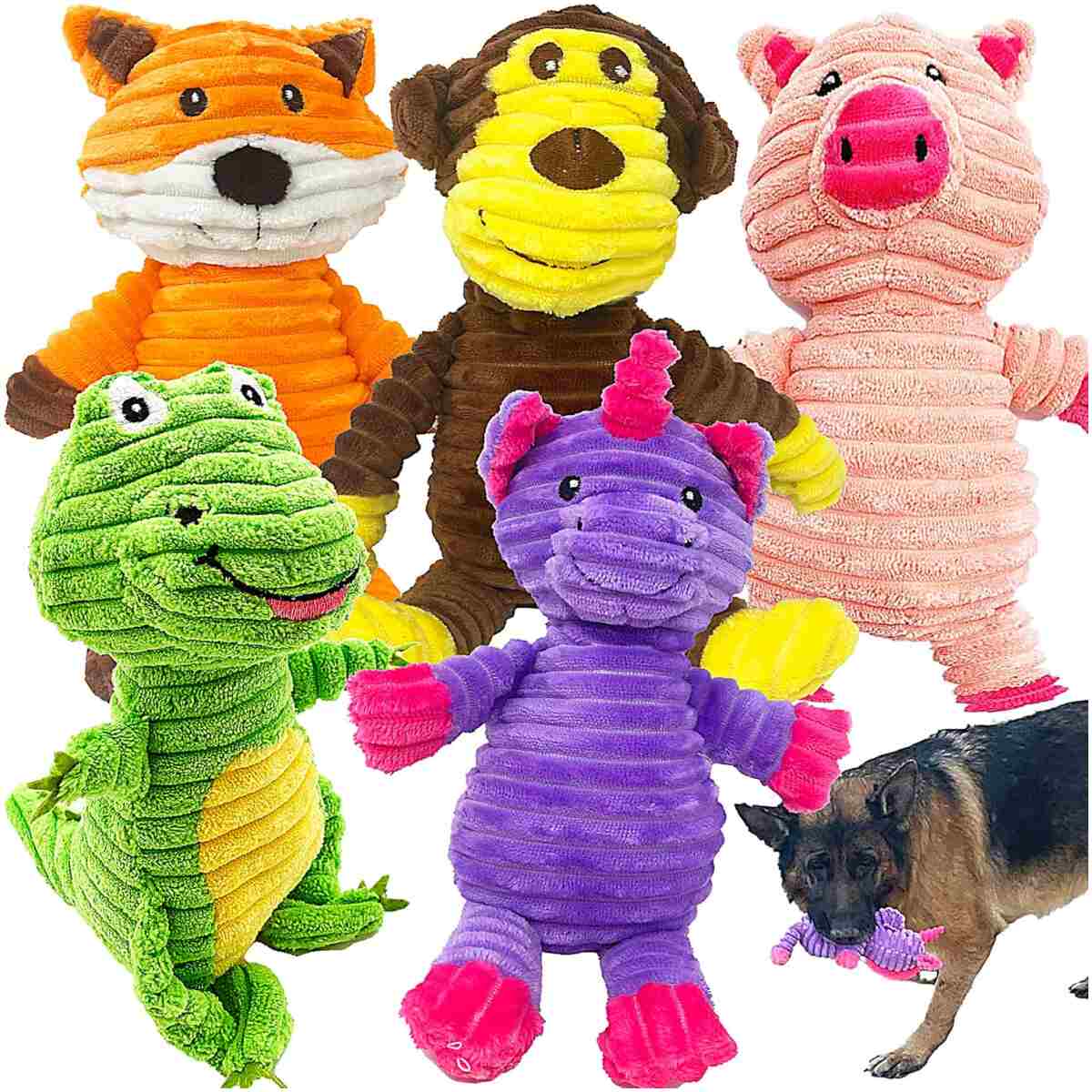 Jalousie 5 Pack Plush Toys Assortment Value Bundle Puppy Pet Mutt Squeak Toy for Medium Large Dogs