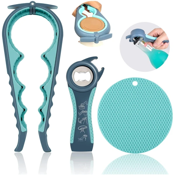 Jar Opener for Weak Hands, Seniors with Arthritis, 5 in 1 Multi Function Bottle Opener Lid Opener For Arthritic Hands with Non Slip Rubber Jar opener Gripper Pad