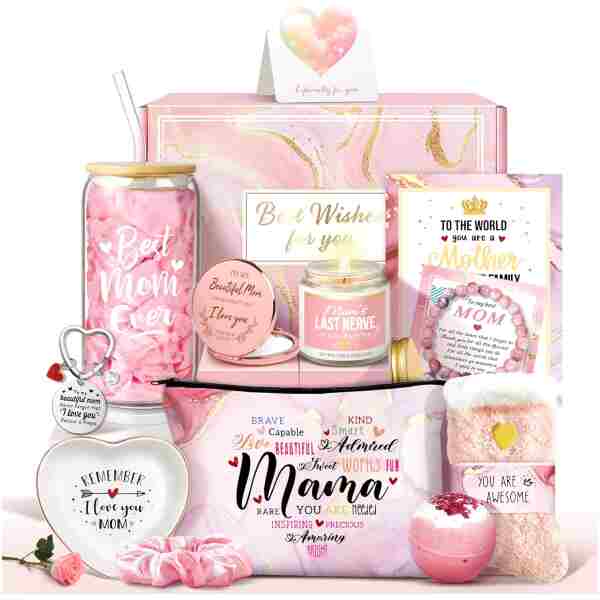 Jumway Gifts for Mom Gifts Basket, Mother's Day Gifts for Mom Birthday Gifts Set Include Glass Cup, Scented Wax Candle, Bath Bomb Scented Soap Make-up Bag