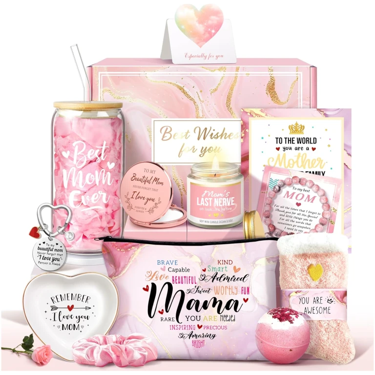 Jumway Gifts for Mom Gifts Basket, Mother's Day Gifts for Mom Birthday Gifts Set Include Glass Cup, Scented Wax Candle, Bath Bomb Scented Soap Make-up Bag