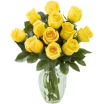 KaBloom Flowers - Mother's Day Collection - Bouquet of 12 Fresh Yellow Roses (Farm-Fresh, Long-Stem) with Vase.Gift for Birthday, Anniversary, Valentine, Mother’s Day Fresh Flowers