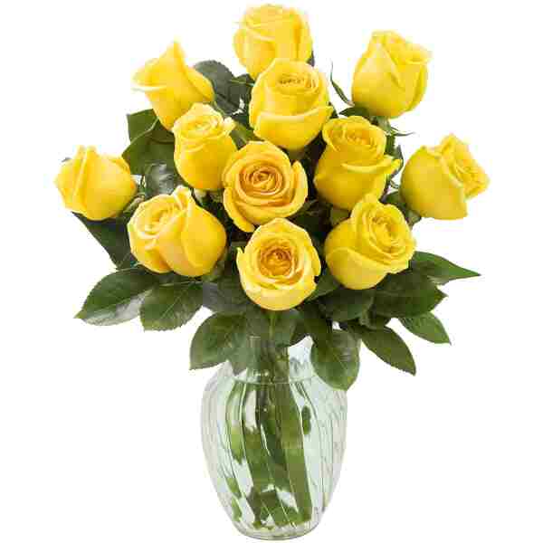 KaBloom Flowers - Mother's Day Collection - Bouquet of 12 Fresh Yellow Roses (Farm-Fresh, Long-Stem) with Vase.Gift for Birthday, Anniversary, Valentine, Mother’s Day Fresh Flowers