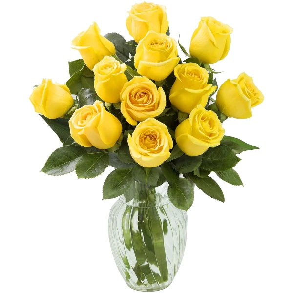 KaBloom Flowers - Mother's Day Collection - Bouquet of 12 Fresh Yellow Roses (Farm-Fresh, Long-Stem) with Vase.Gift for Birthday, Anniversary, Valentine, Mother’s Day Fresh Flowers