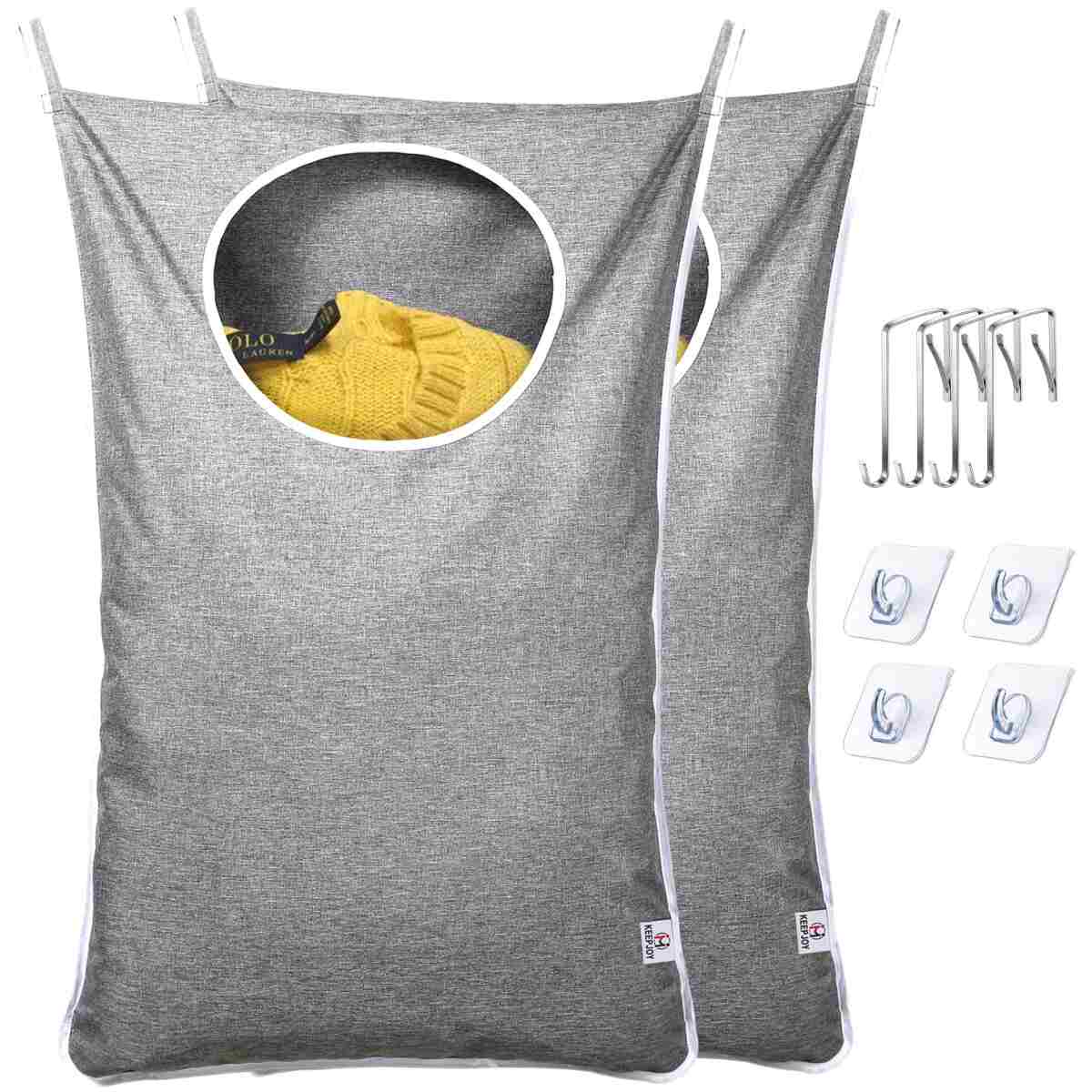 KEEPJOY Saves Space Door-Hanging Laundry Bag,Door Hanging Laundry Hamper with 2 Different Types of Hooks, Oxford Fabric Hanging Laundry Basket for Clothes Size 30"X20" -2 Pack Gray