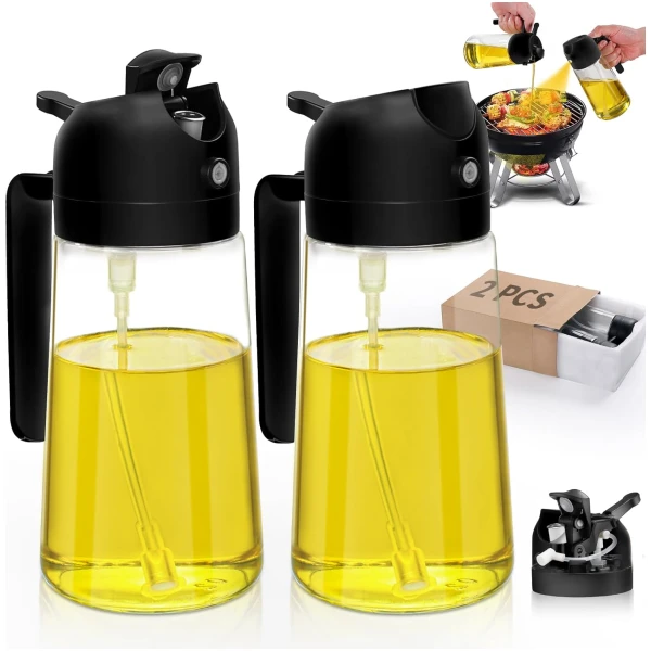 Kitchen Gadgets Oil Sprayer for Cooking 2pcs,Oil Dispenser for Kitchen,2 in 1 Oil Dispenser and Oil Sprayer,16oz Olive Oil Dispenser Bottle for Air Fryer,Salad, Grill (Black...