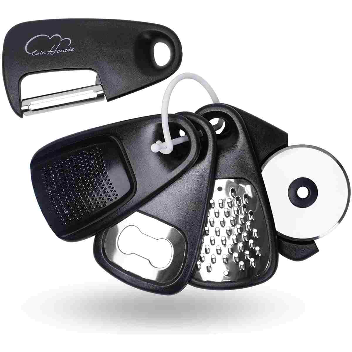 Kitchen Gadgets Set 5 Pieces, Space Saving Cooking Tools Kitchen Accessories - Fruit/Vegetable Peeler, Cheese/Chocolate Grater, Bottle Opener, Pizza Cutter, Garlic/Ginger...